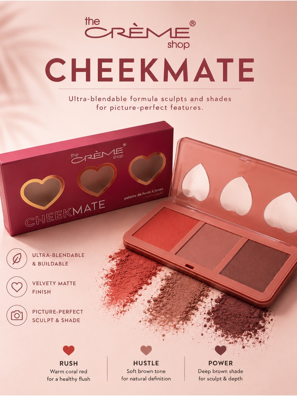 the CRÈME Shop Cheekmate Blush Palette — Pink & Brown Trio (Rush, Hustle, Power)